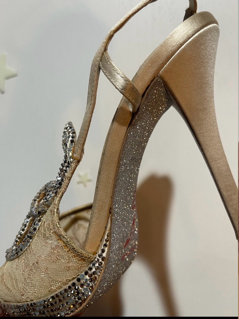 Gold Embellished Slingback Sandals with Crystal Accents - Picture 10 of 12